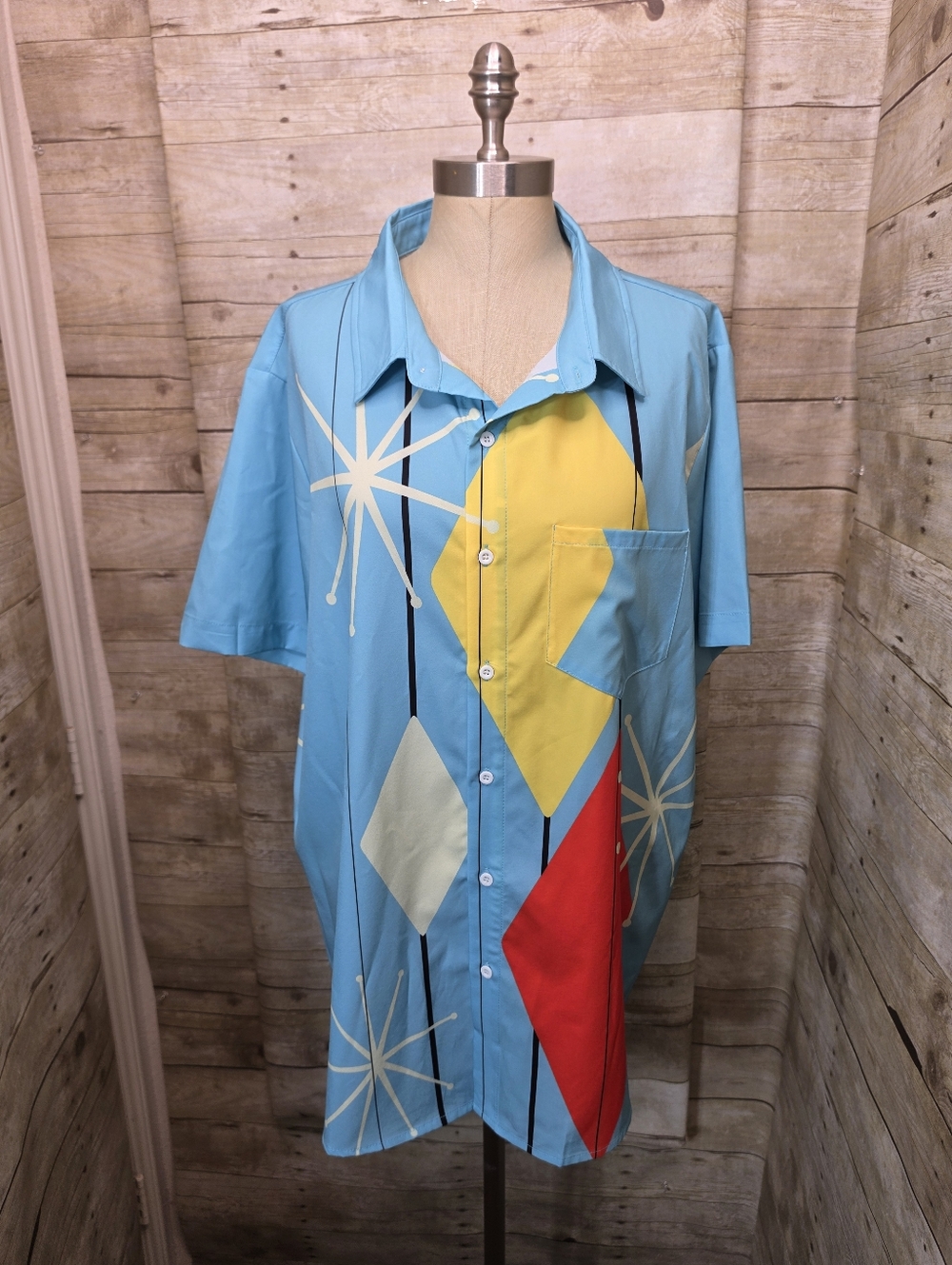 Retro Geo Print Short-Sleeve Shirt — Light Blue